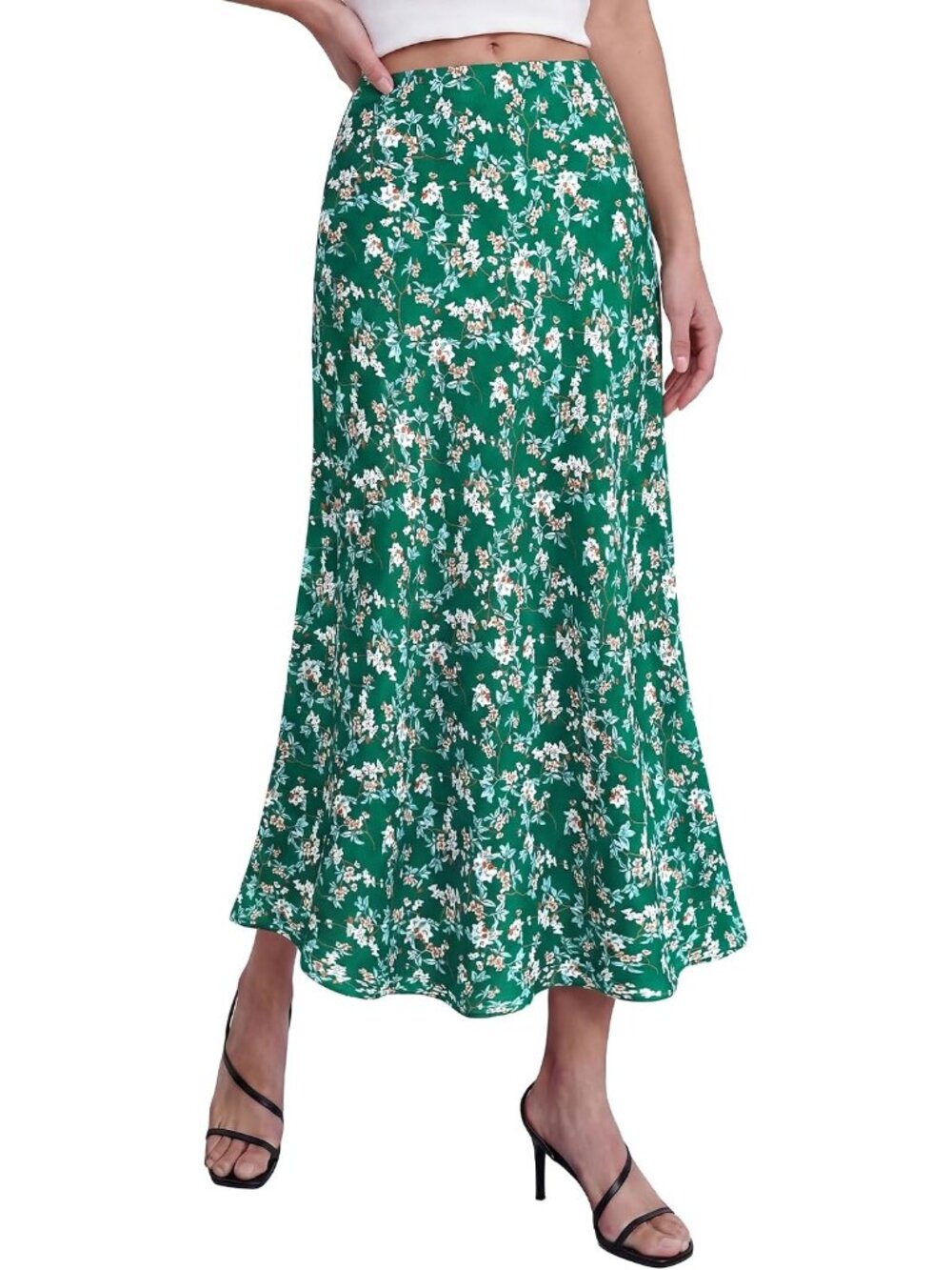 Women Floral Green White High Waisted A-Line Silky Flowy Bias Cut Midi Skirt